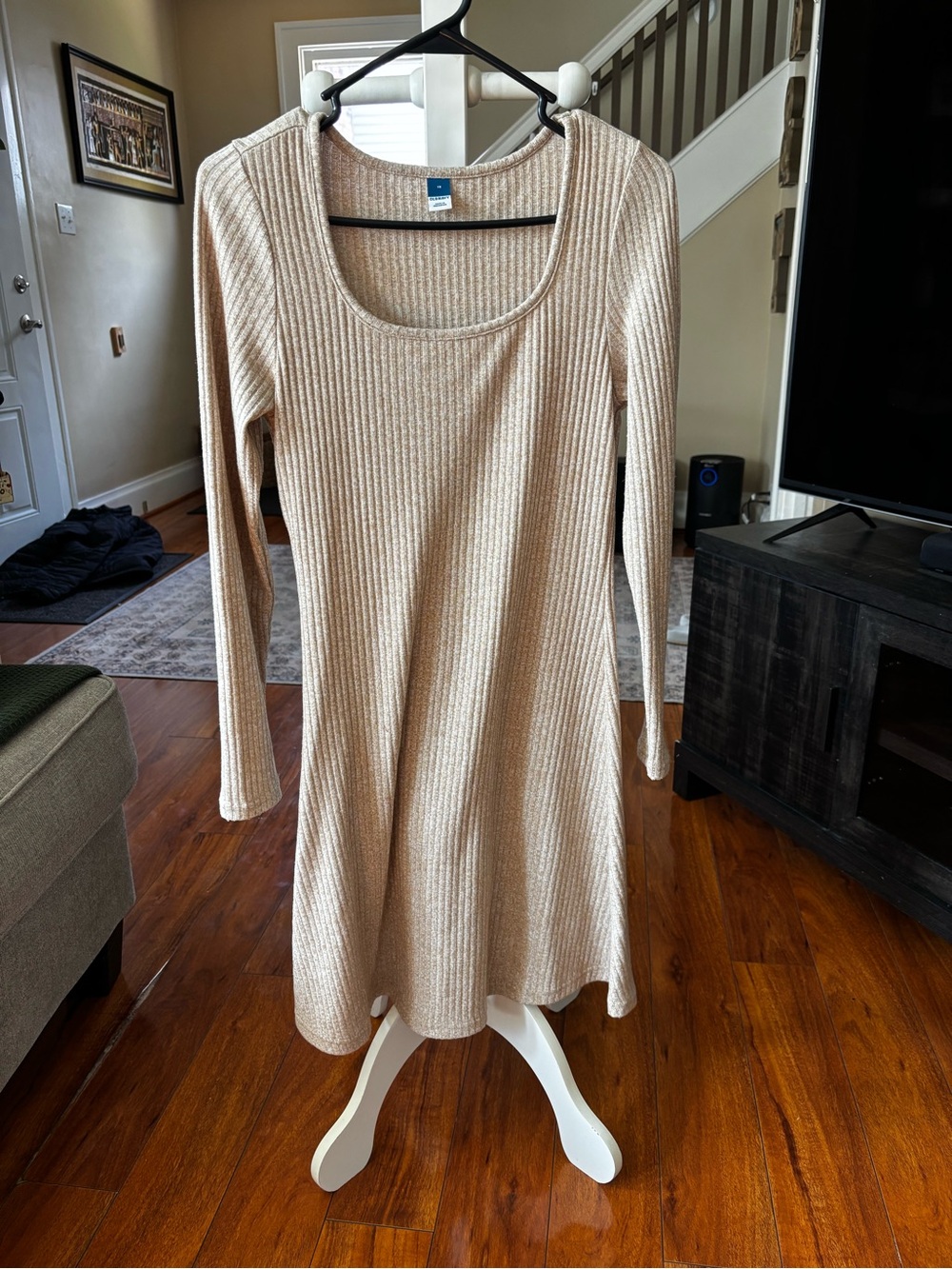 Rib-Knit Long Sleeve Scoop Neck Dress - Beige Old Navy XS